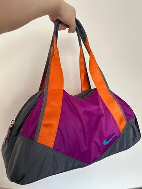Nike Purple and Orange Nylon Travel Duffel with Teal Swoosh